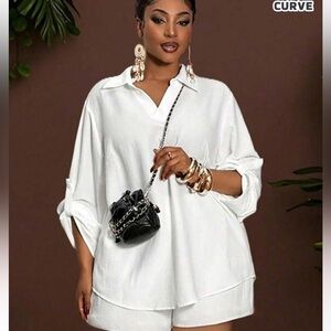 SHEIN White Blouse with Rolled Sleeves & Shorts Set